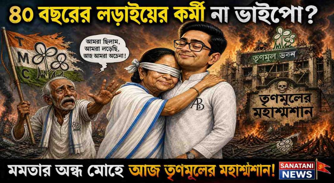 A dramatic political rally in West Bengal showing protestors holding banners against corruption, contrasting veteran grassroot workers with the rise of new party leadership amidst a shift in state power.