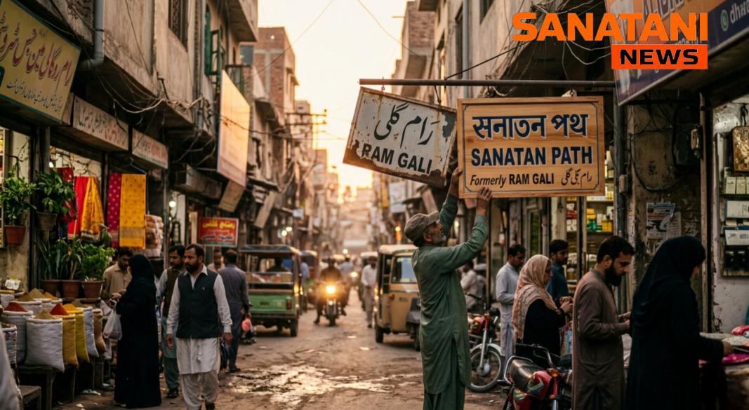 Official signboards of Krishan Nagar and Ram Gali in Lahore Pakistan alongside Ram Path in Ayodhya India, showcasing the historical transformation.