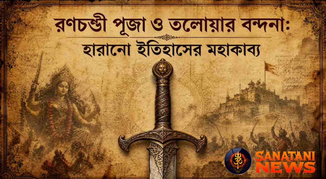 Ancient Indian warriors performing Astra Puja and Ranachandi Vandana before battle folklore artwork.