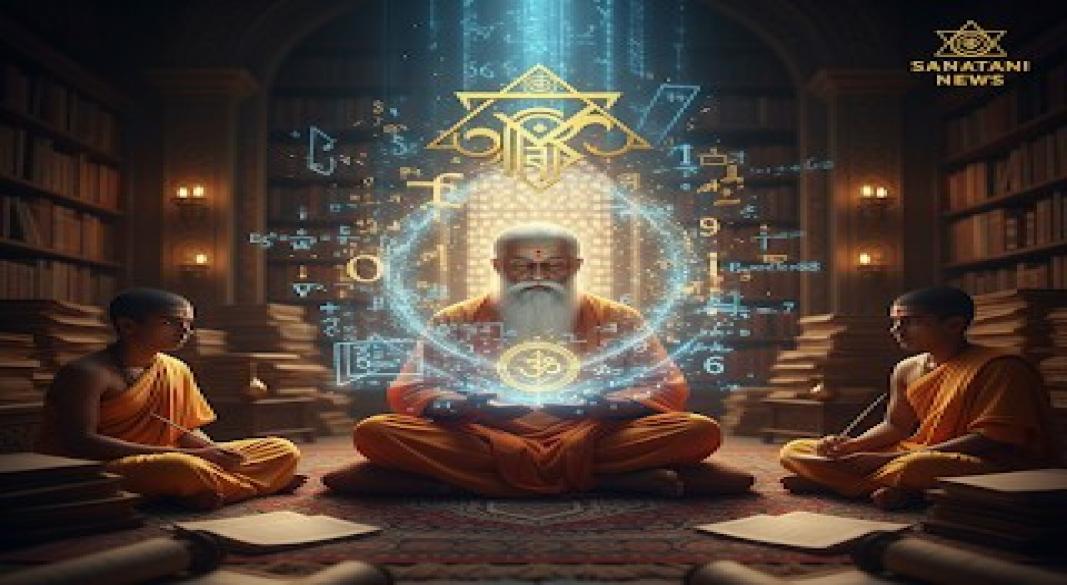 Ancient Indian sage calculating mentally with glowing mathematical equations, representing Vedic Mathematics speed and modern tech integration.
